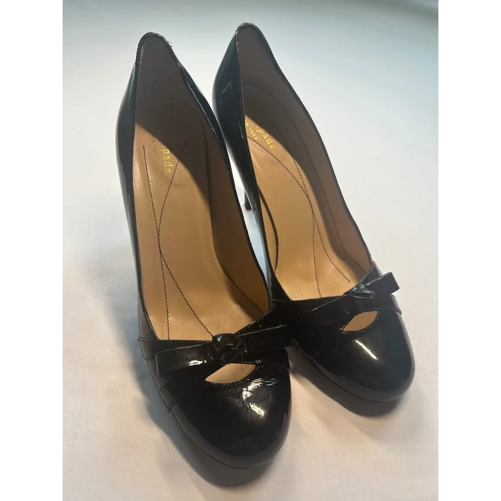 Kate Spade New York Karolina Pumps Women 8.5 Black Patent Leather Bow Round Toe